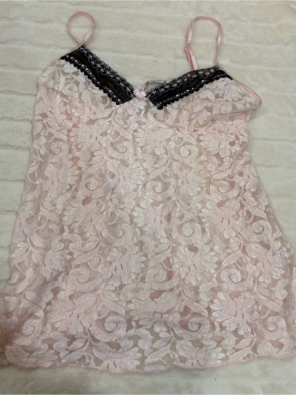 Vintage Pink Lace Chemise with Black Trim